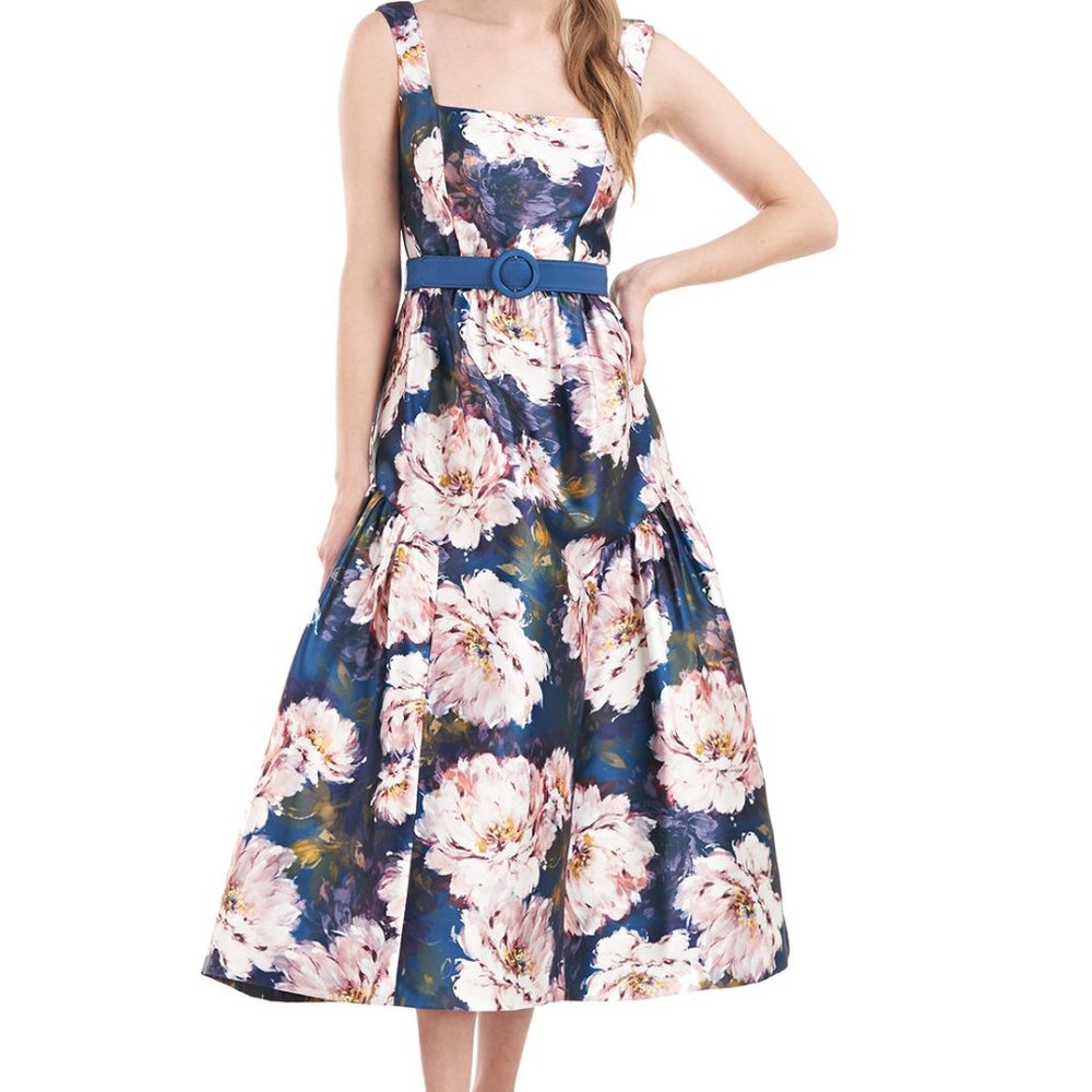 Kay Unger Navy Floral Midi Dress with Blue Belt